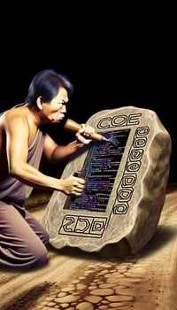 Someone writing code by stone tablet